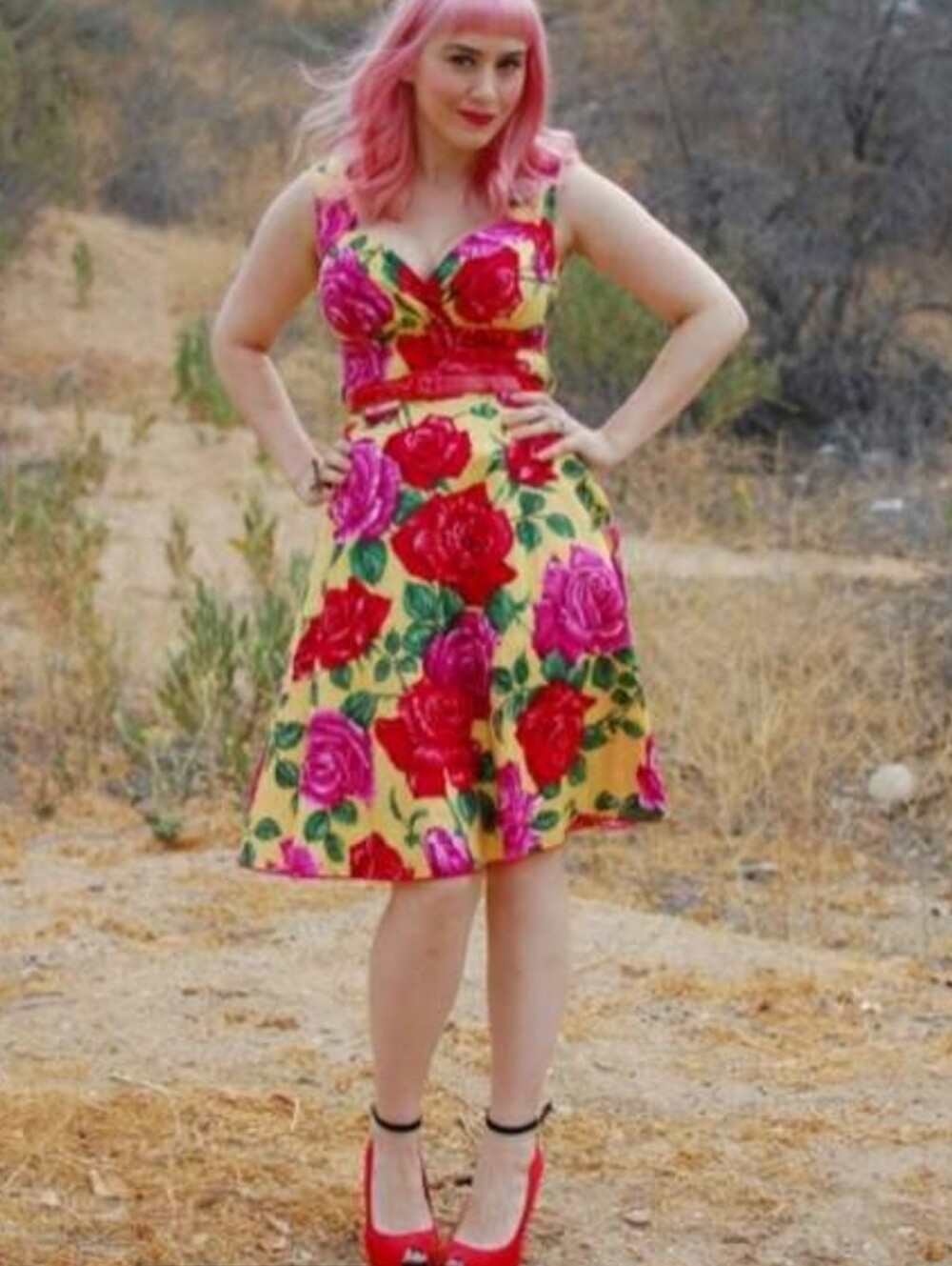 Bernie Dexter Yellow & Pink Cabbage Rose Dress Size L EUC Rockabilly Pinup